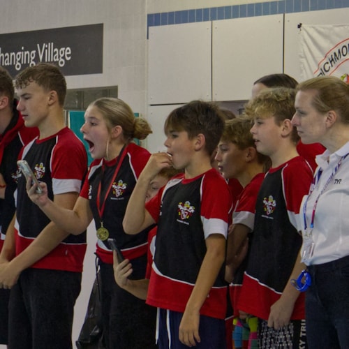 Swimmers lined up in the pool